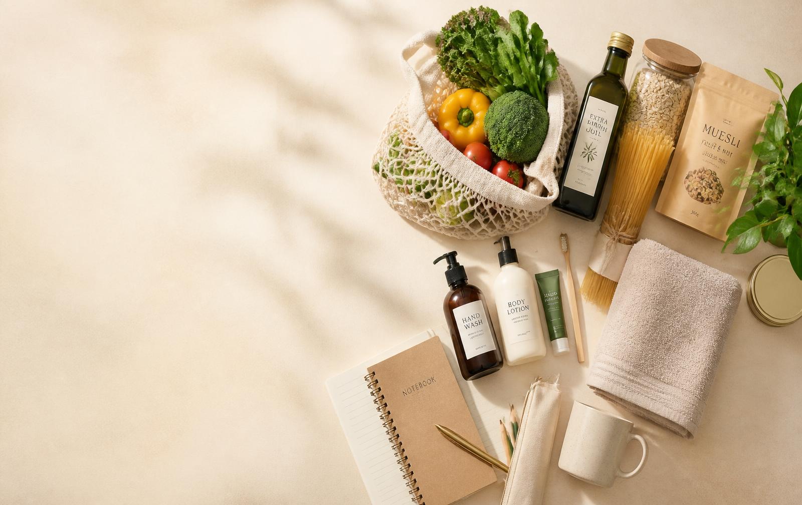 Groceries, kitchenware, personal care and stationery essentials arranged together